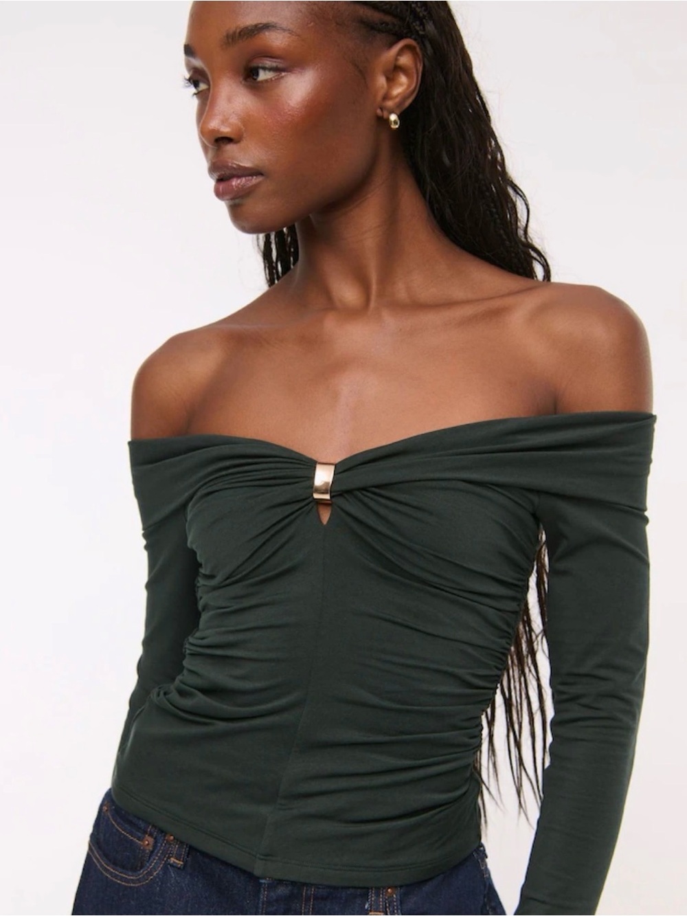 Off-Shoulder Ruched Long-Sleeve Top in Dark Green